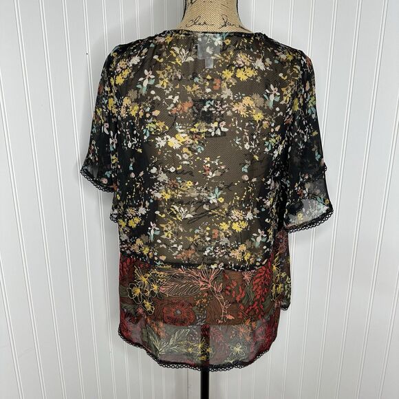 Fig And Flower Sheer Cardigan Top L Black Floral Flutter Sleeve Whimsigoth Fairy - Picture 4 of 14